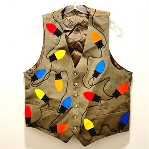Ugly Holiday Christmas Lights Bulbs Pointed Khaki Vest Size* Medium